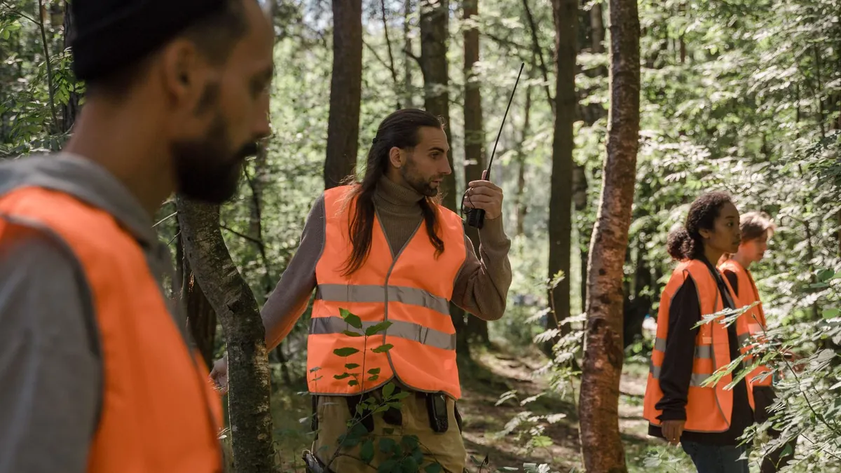 Two walkie talkies on a rock overlooking a wooded valley